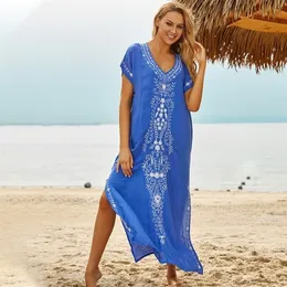 Indie-Volksbetreuung mit V-Ausschnitt mit V-Ausschnitt Kurzarm Summer Beach Straight Kleid sexy Tunika Strandkleidung Badeanzug Cover-ups Q790 220510