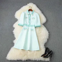 하이 스트리트 패션 디자이너 활주로 드레스 여자 짧은 소매 버튼 트위드 210521