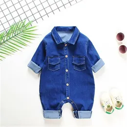 Baby Romper 2022 Spring Autumn New Long Sleeve Lapel Single Breasted Cowboy Jumpsuit Handsome Tide 3-6 Months Boys Denim One-piece Clothes