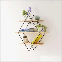 Other Home Decor Garden Wrought Iron Rhomboid Storage Rack Wooden Hanging Shelf Wall-Mounted Organizer For Bedroom Living Room Drop Delive