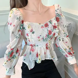 Women's Blouses & Shirts Women Liva Girl Flower Square Neck Ruffled Slim Sexy Chiffon Top White One Size Camisa Backless Autumn BlusasWomen'