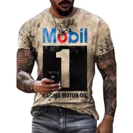 Camisetas masculinas camisas vintage de verão Mobil No.1 3d Impresso para homens harajuku de grandes dimensões Moda casual de moda curta