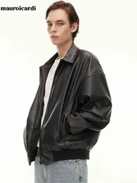 Mauroicardi Spring Autumn Black Oversized Faux Leather Bomber Jacket Men with Drop Shoulder Long Sleeve Loose Casual Clothes L220801