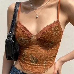 Fashion Y2K Women's Tank Lace Trim Paisley Pattern Corset Cami Tops Basic Female Clothing High Street Autumn Women Shirt 220325