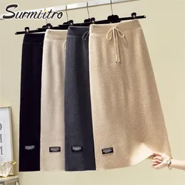 Surmiitro 패션 가을 겨울 따뜻한 니트 미디 롱 스커트 여성 한국 스타일 중간 길이 높은 허리 연필 여성 220317