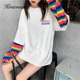 Hirsionsan Rainbow Kawaii T Shirt Kobiet Nowy wiosenny długie rękaw hajuku tees zwykłe studenckie topy Stripe Owwrotne ubrania 210322