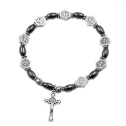 Strande z koralikami Vilwitce Vintage Hematit Różańca Bransoletka St Benedict Medal Jezus Cross Bracelets Katolicka biżuteria Modlitwa Prezent Fawn22