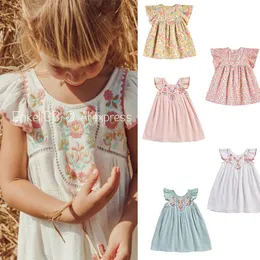 Pre-order Toddler Girl Vintage Embroidery Dress LM 21 Summer Arrival Clothes Beaitiful Flower Short Sleeve Cotton Dress 210329