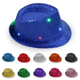 LED-Jazz-Hüte mit blinkendem Licht, LED-Fedora-Trilby-Pailletten-Kappen, Kostüm-Tanz-Party-Hüte, Unisex, Hip-Hop-Lampe, leuchtender Hut SN4075