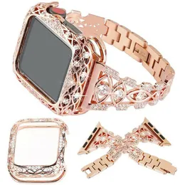 Cinturino da polso in acciaio inossidabile con diamanti bling di lusso + cassa in zircone con strass per Apple Watch Series 7 6 5 4 SE iWatch 40mm 41mm 44mm 45mm