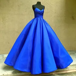 Royal Blue Beaded Prom Dresses Spaghetti Neck Satin Appliqued Evening Ball Gowns Plus Storlek Golv Längd Tulle Formell Klänning