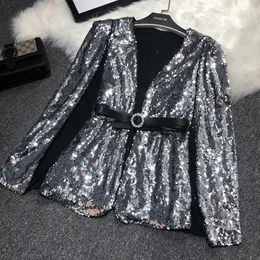 Kvinnors kostymer Blazers Silver Sequin Jacket Gold Bling Black Women Long Sleeve Elegant Suit Coat Night Club Glitter Shiny Punk