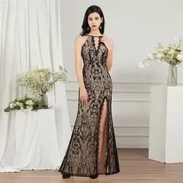 2022 Black Lace Evening Dress Sexy Halter V Neck Sleeveless Backless Formal Party Prom Dresses Split Women Occasion Vestidos Fiesta cps3021