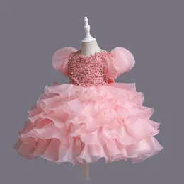 Abiti da ragazza Summer Lace Layered Child Girl Dress Paillettes Flower Damigella d'onore per la festa Compleanno Manicotto a sbuffo Abbigliamento per bambini 6 8 10 anniGirl'