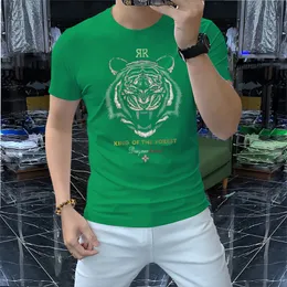2022 여름 뉴 핫 다이아몬드 남자 티셔츠 호랑이 헤드 패턴 디자인 무거운 공예 얇은 짧은 슬리브 캐주얼 둥근 목 슬림 한 녹색 검은 흰색 티 m-4xl