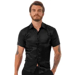 Men's Casual Shirts Mens Clothing Luxury Glossy Silky Satin Shirt Short Sleeve Lapel Button Down Solid Color T-Shirt Tops For Travel Office