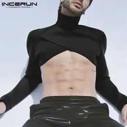 Fashion Men Crop Tops Solid Turtleneck Long Sleeve Sexy Casual Irregular Tops Undershirt Streetwear Camisetas INCERUN 5XL 7 220708