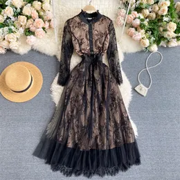 Aibeautyer Spring Autumn Vintage Lace Hollow Out Dress A Line O Neck Floral Print High midja Mid Calf Women Dresses 220514