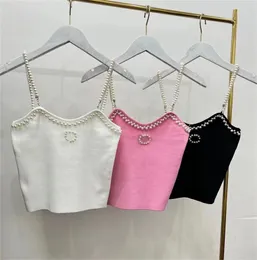 Women's Tank Top With Pearl Vest Elegant Crop Tops Seamless Streetwear Fashion Sexy Bra With Small Letter 4 Colors