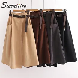 Surmitro jesień zima średniej długości spódnica kobiet koreański styl super jakości czarny wysoki talia Midi długich kobiet z pasem 220317