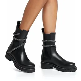 Rhinestone Snake Strass Wraparound Chunky Half Boots Black Leather Womens Low Heel Martin Boots Heavy Duty Luxury Designer Brands for Women777