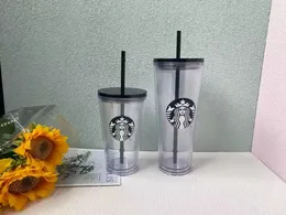 Starbucks Mugs 24oz 710ml Plastic Cups Reusable Double layer Transparent Coffee Flat Straw Column Cover Bdian Cup Milk Teacup 0524