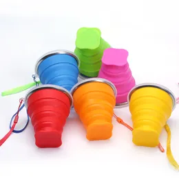 Portable Silicone Tumblers Flat Bottom Cup Retractable Folding With Lid Retractable Drinking Outdoor Travel