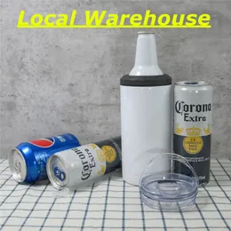 Local Warehouse 16oz Sublimation 4 i 1 Can Cooler with 2lids 450 ml Straight White Blank Tumblers Rostfritt stål Vattenflaskor Dubbelisolerad Drinking Cup A12