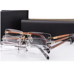 Lyxiga kortfattade män Rimless Frame Plain Glasses Clear Lens 39 Lätt titan Träben Rektangulär kant 56-17-140 för receptbelagda Fullset-fodral