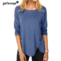 Round Neck Long Sleeve Women T-Shirt Solid Color Loose Casual Tops Button Oversized Cotton Tees Aesthetic Irregular Pullover 220525