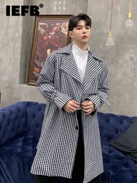 Herrgravrockar IEFB Autumn Lattice Loose Windbreaker Long Coat Single Breasted Fashionable Plaid Korean Fashion Male Trench 9A5070 220826