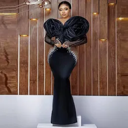 Arabic Aso Ebi Black Mermaid Prom Dresses 2022 Beaded Crystals Sheer Neck Long Sleeves Plus Size Evening Occasion Gowns Robe De Soiree