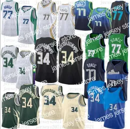 New Luka Mens 77 Doncic Giannis 34 Antetokounmpo Basketball Jersey Black Bule 화이트 셔츠 스티치