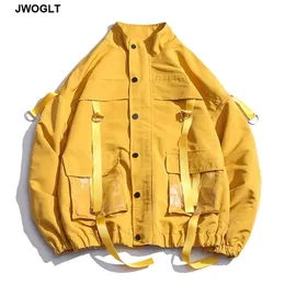 Streetwear Fashion Mulitpocket Ribbons Casual Jackets Men Hip Hop Overalls Black Yellow Bomber Jacket Coat Herrkläder 210412