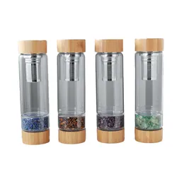 Bottiglia di energia in vetro cristallo schiacciato naturale Spa Bamboo Cover Colino bottiglie Tea Leak Gem Cup