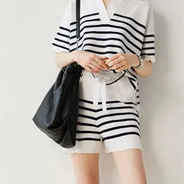 Black White Stripe Knit Two Piece Sets Outfits Jogger Summer Tops and Shorts Casual DrawString Sticke Tracksuit Set 220610