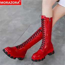 Morazora New Arrival Brand Boots Women Lace Up Round Toe Platform High Boots Fashion Solid Color Womens Boots Femaly 201110