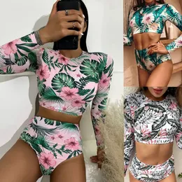 Printed Bikini Set Women Split Zipper High Waist Sexy Swimsuit Multicolor Long Sleeve Conservative Floral Bathing Suit 220602