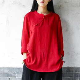Damen-T-Shirt Aransue Langarm-Damenoberteile Doppellagiges Baumwoll-Leinen-T-Shirt im chinesischen Stil für Frühling und Sommer BJX-004Women's