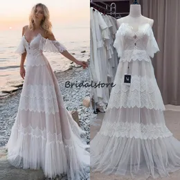 Chic Fairy Boho Lace Bröllopsklänning 2022 A Line Spaghetti Straps Cupcakes Beach Robe de Mariée Corset Back Civil Hippies Bohemian Country Bride Dresses Vestido de Noiva