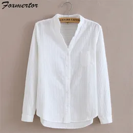 Foxmertor 100% Baumwolle Hemd Weiße Bluse Frühling Herbst Blusen Shirts Frauen Langarm Casual Tops Solide Tasche Blusas #66 220805