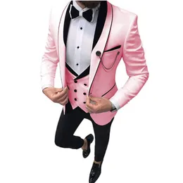 Brand New Pink Groom Smoking Scialle Risvolto Slim Fit Groomsmen Abito da sposa Eccellente uomo Giacca Blazer 3 pezzi Giacca Pantaloni Gilet Cravatta 1291