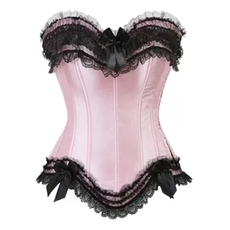 Sexy Satin Overbust Corset Top Lace Bowknot Decorated Clubwear Showgirl Body Shaper Plus Size 220524
