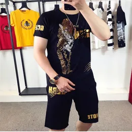 Menina de pista masculina Primavera e verão Moda de alta qualidade Diamond Leopard Padrão de camiseta estampada Shorts de camisetas Term