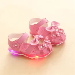 Toddler Summer LED with Lights Infant Girls Sandals Flower Bow Luminous Lightweight Breathable Kids Baby Shoes 220607