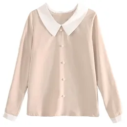 Chic Lovely Women Blus Peter Pan Collar Pearl Decor Chiffon Shirts Spring Office Lady Blues Tops BlusaS Mujer 210702