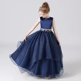 Mädchenkleider, Schärpen, Perlen, Schleife, Organza, Satin, Blumenmädchen-Tüll, Prinzessin, formelles Kindergeburtstags-Partykleid, Marineblau, Falten. Mädchen