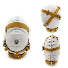 BDSM Full Faced Blindbinds Mask Hood Pu Leather Headgear Bondage Cosplay Restraint Head Harness Sexiga leksaker för par