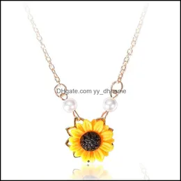 Pendant Necklaces Pendants Jewelry Sweet Sunflower Imitation Pearl Sweater Yellow Flower Necklace For Women Drop Delivery 2021 Z0Tia