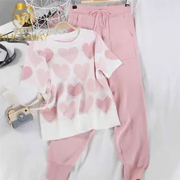 2 Piece Sets Womens Knit Outfits Love Heart Short Sleeve O-neck Tops Lace Up Waist Ankle Harem Pants Two Piece Set 210331